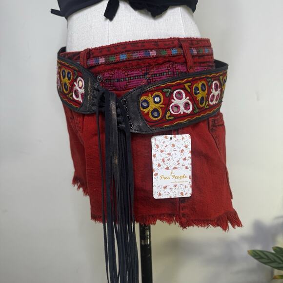 FREE PEOPLE Gypsy Red Distressed Ethnic Button Up Cutoff Shorts Boho Festival 25 - Picture 4 of 12